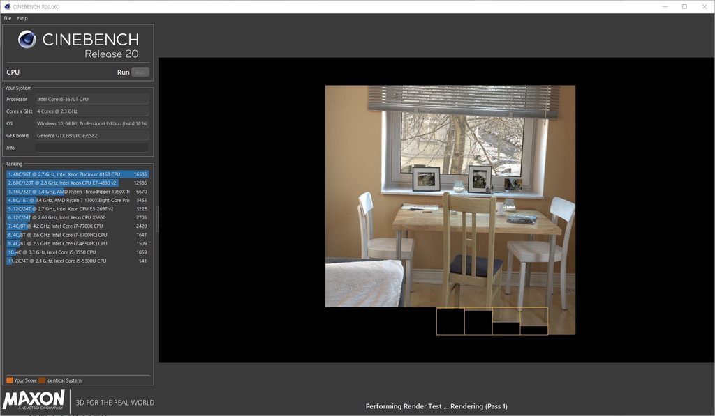 「Cinebench Release 20」でベンチマークテストを実施した様子