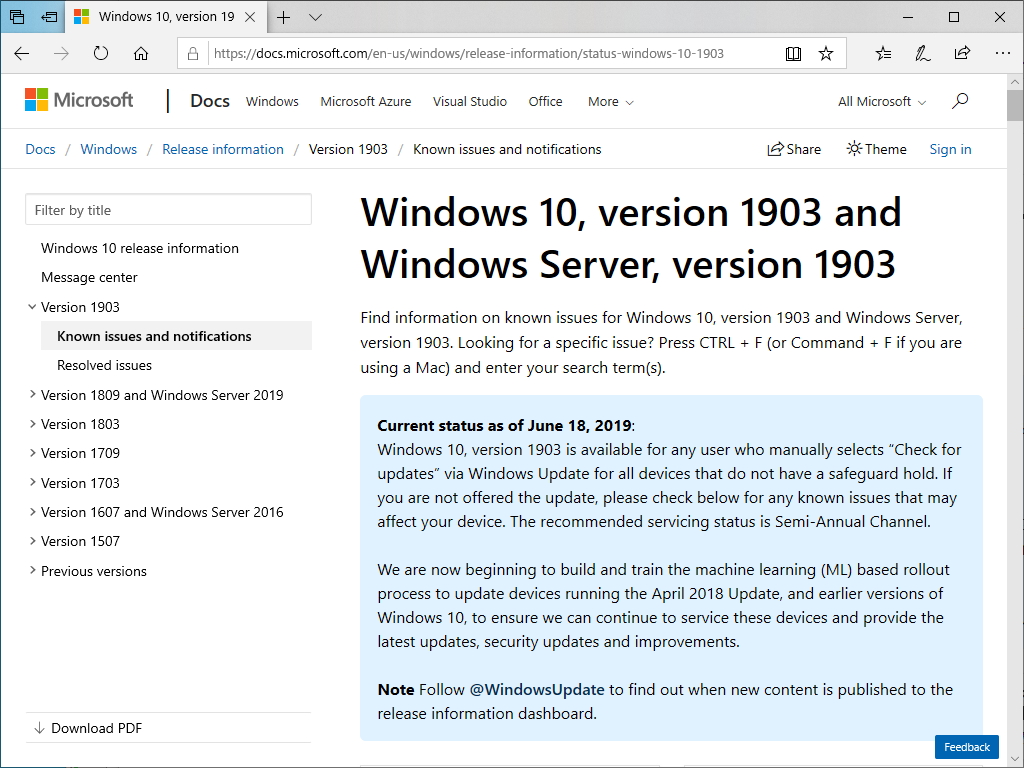 「Windows 10 May 2019 Update」のリリース情報ダッシュ ボード