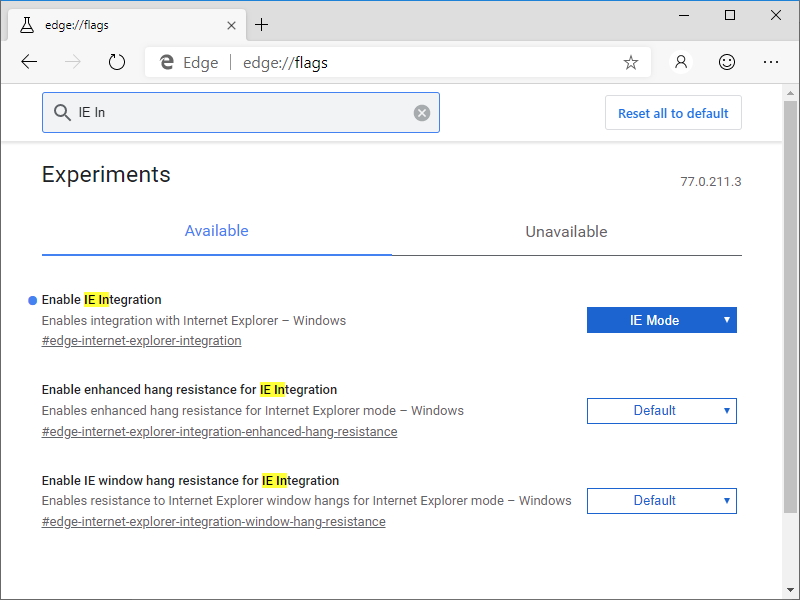 “edge://flags/”画面で“IE Integration”を検索。3つの関連フラグが見つかるので、“Enable IE Integration”というフラグを“IE Mode”へ切り替え