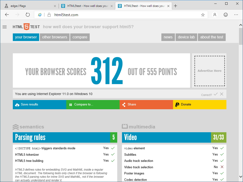 “IE モード”の「Microsoft Edge」のスコアは“312”