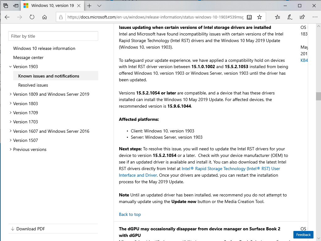Intelの古いストレージドライバーは「Windows 10 May 2019 Update」と非互換