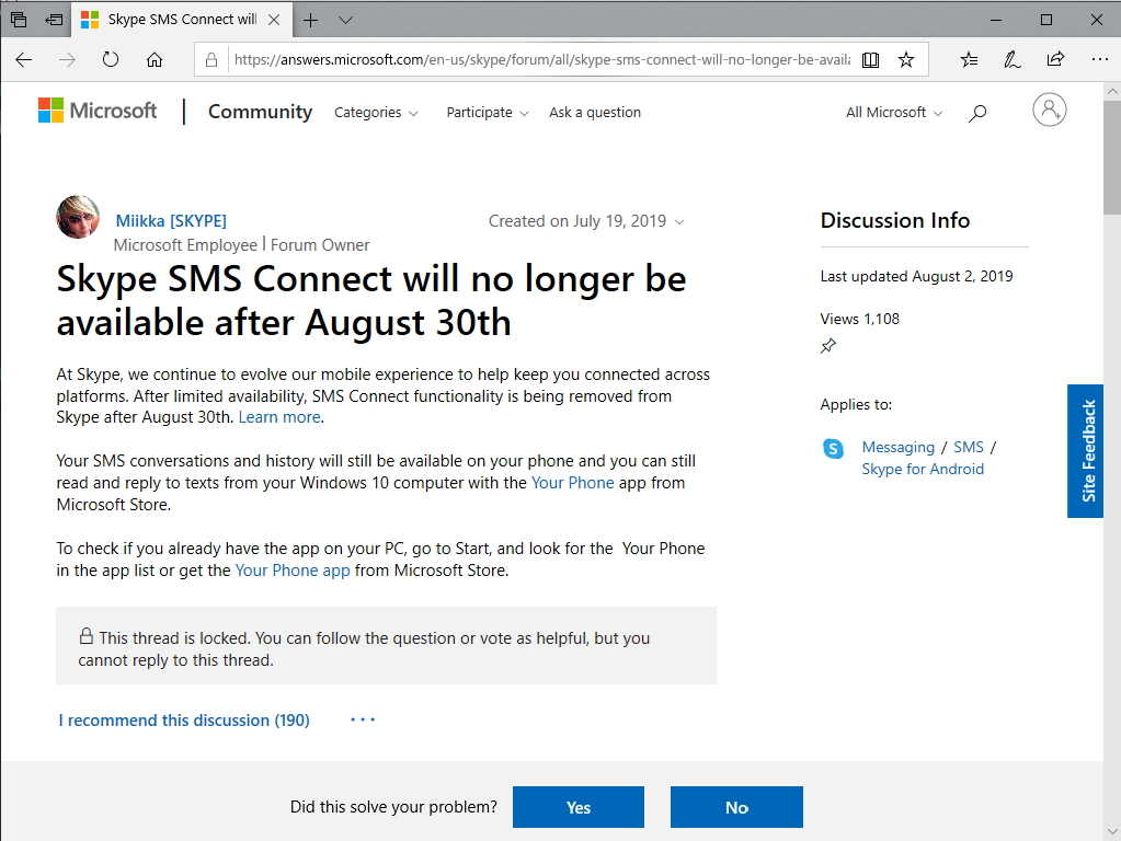 Microsoft、「Skype」のSMS接続機能を廃止