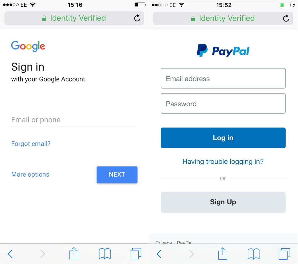 “Identity Verified（本人確認）”といった組織名で取得したEV証明書を用いた例。詐欺サイトに悪用される恐れがある
