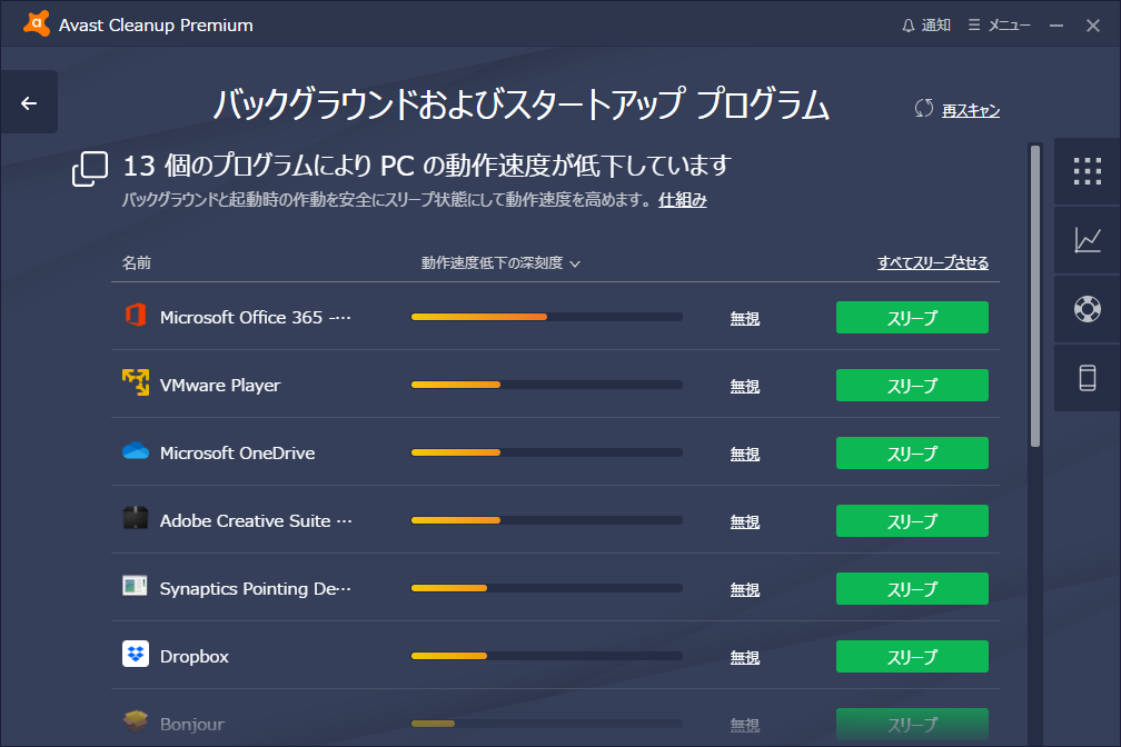［バックグラウンドおよびスタートアッププログラムを表示］の実行結果。不要なソフトがあれば、［スリープ］ボタンをクリックして停止させよう