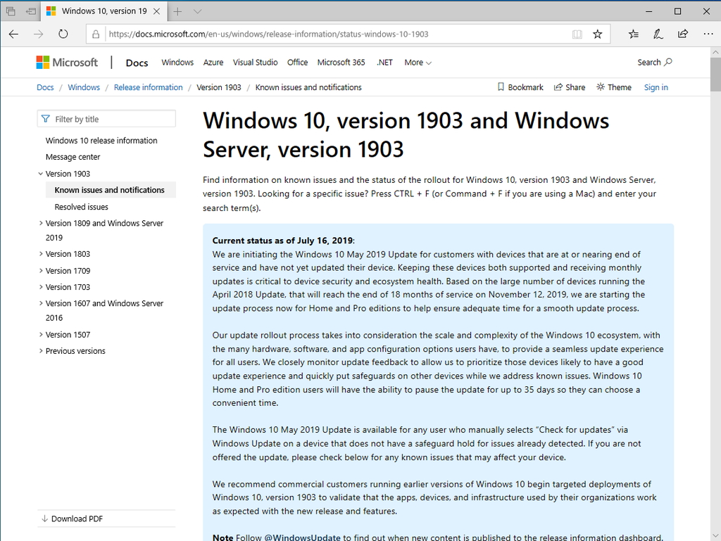 Windowsのリリース情報ページ