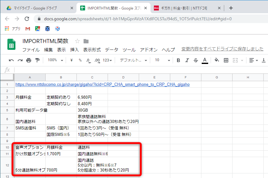 A10以降にWebページの表が表示された