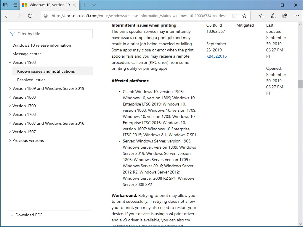 Windows 7/8.1/10向けのオプションパッチが原因で印刷処理に断続的な問題が発生