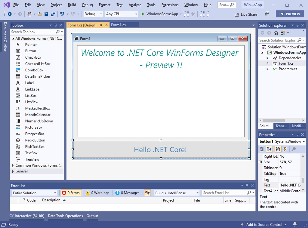 「.NET Core Windows Forms Designer」Preview 1
