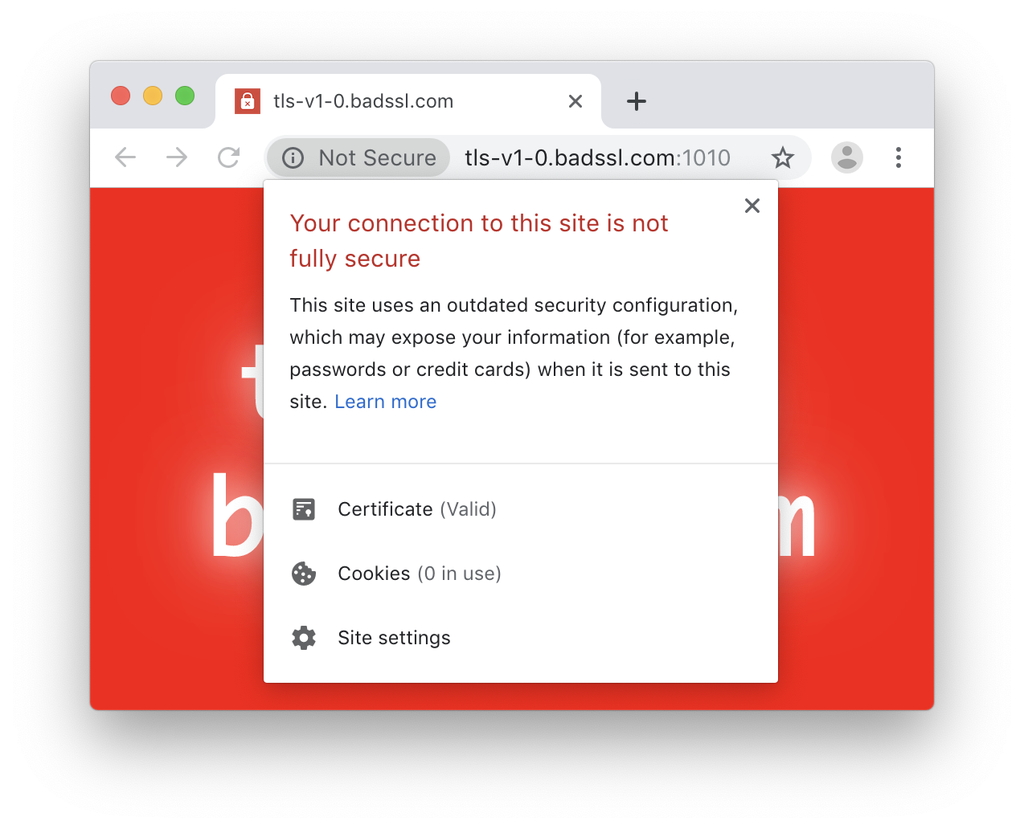 「Google Chrome 79」以降、非推奨バージョンのTLSを利用するWebサイトへ接続すると、アドレスバーに“Not secure（保護されていない通信）”というラベルが表示されるようになる