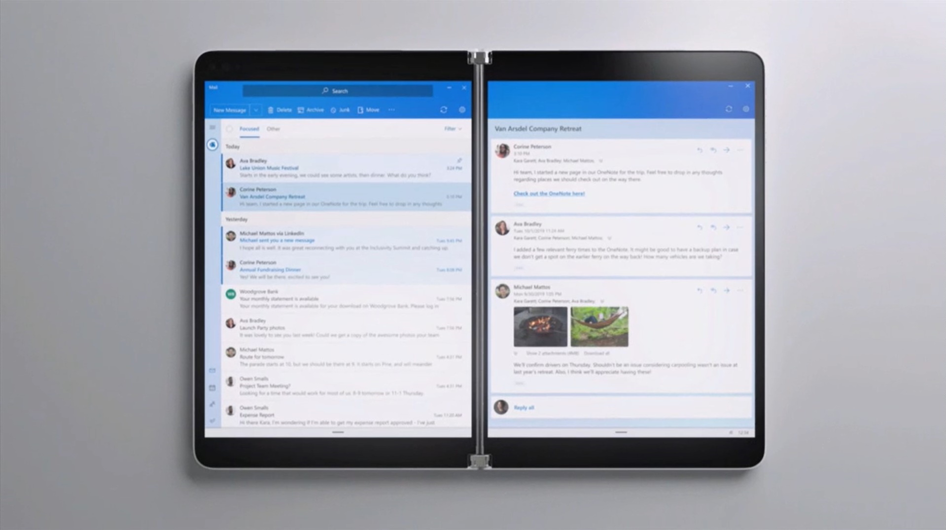 本のように見開きでコンテンツを閲覧したり、小型のキーボードをセカンドモニターに乗せてラップトップPCとして用いたり、テントスタイルで利用できる