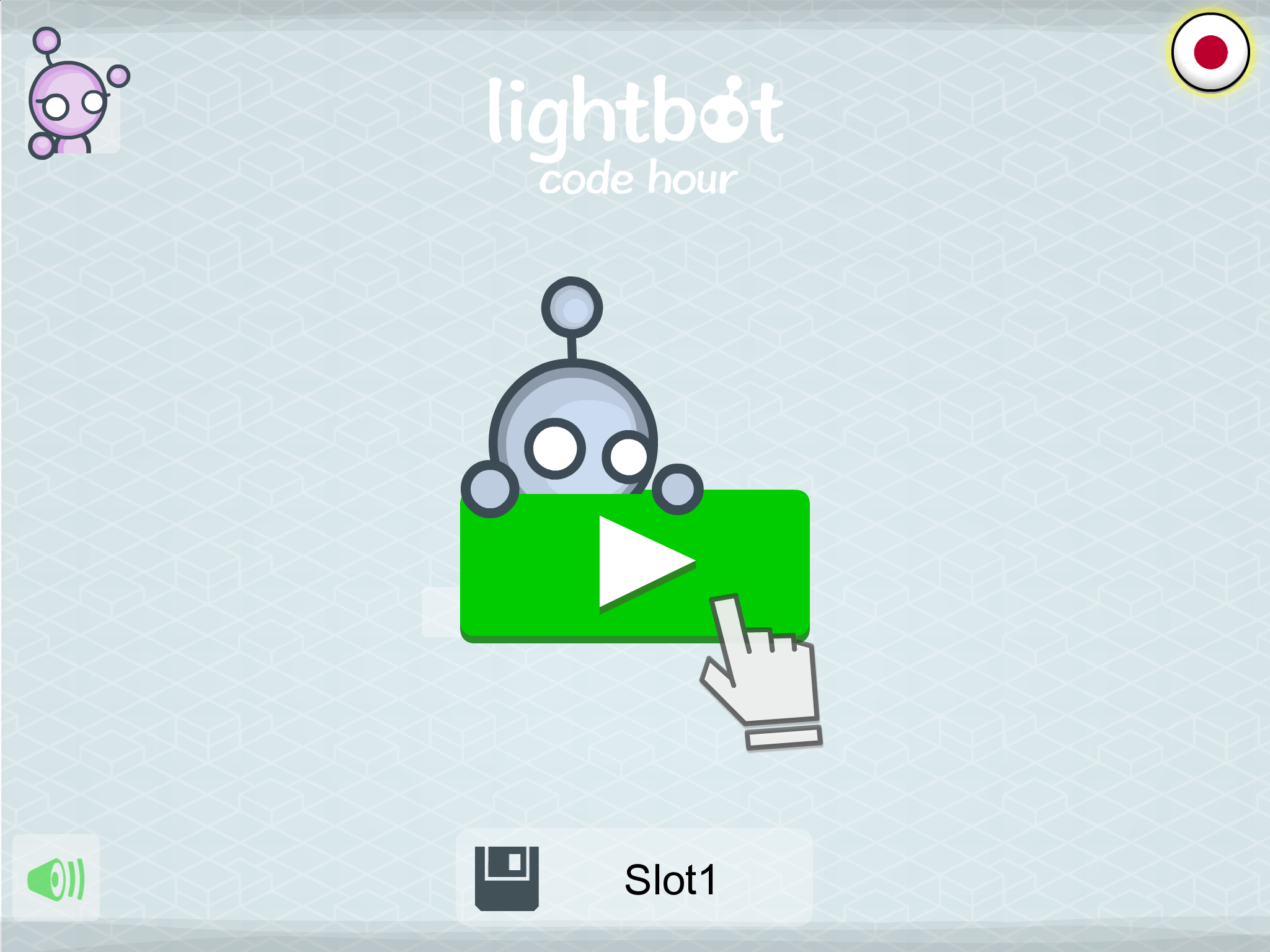 「LightBot : Code Hour」最初の画面。左上のキャラクターアイコンで“Girlbot”と“Boybot”を切り替え、右上の国旗マークで言語を切り替える。下部のフロッピーマークで複数のセーブデータを管理できるので家族が別々に挑戦しても大丈夫