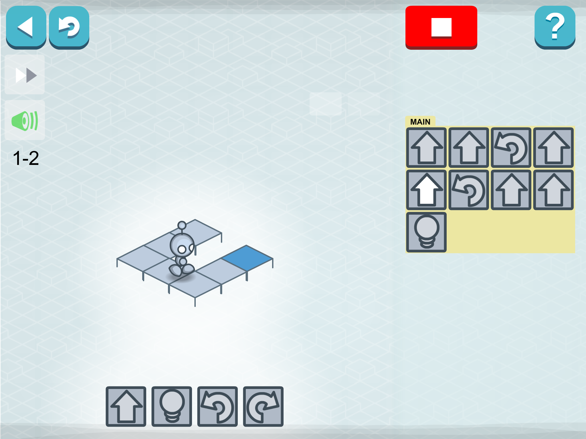 画面下部に並んでいるアイコンのついたボタンがコマンド。コマンドをタップかドラッグして［MAIN］エリアに並べ、プログラムを作成する