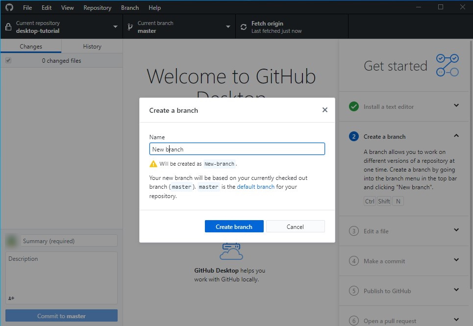 サイドパネルの案内に従って“GitHub Flow”を実践