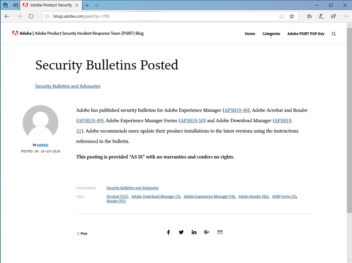 Adobe Systems、月例セキュリティ情報を発表