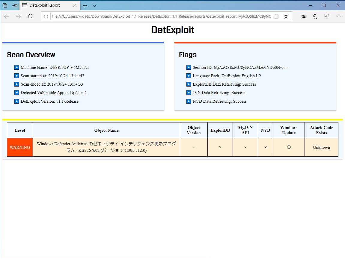 検出結果はレポートフォルダーに出力されるHTMLファイルで参照
