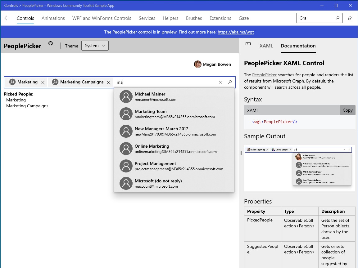 ログイン、ユーザー情報の表示、ユーザーの選択の3つを行うための“Microsoft Graph”コントロールがプレビュー