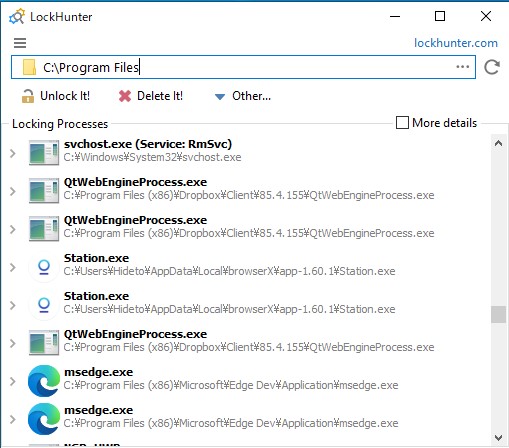 ファイルやフォルダーのパスを指定して、それをロックしているプロセスをリストビューに一覧表示
