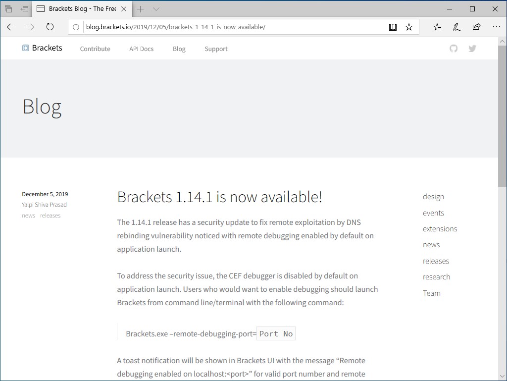 Adobe、無償コードエディター「Brackets 1.14.1」をリリース