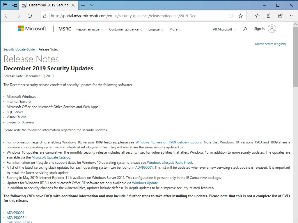 2019年12月のセキュリティ更新プログラム
