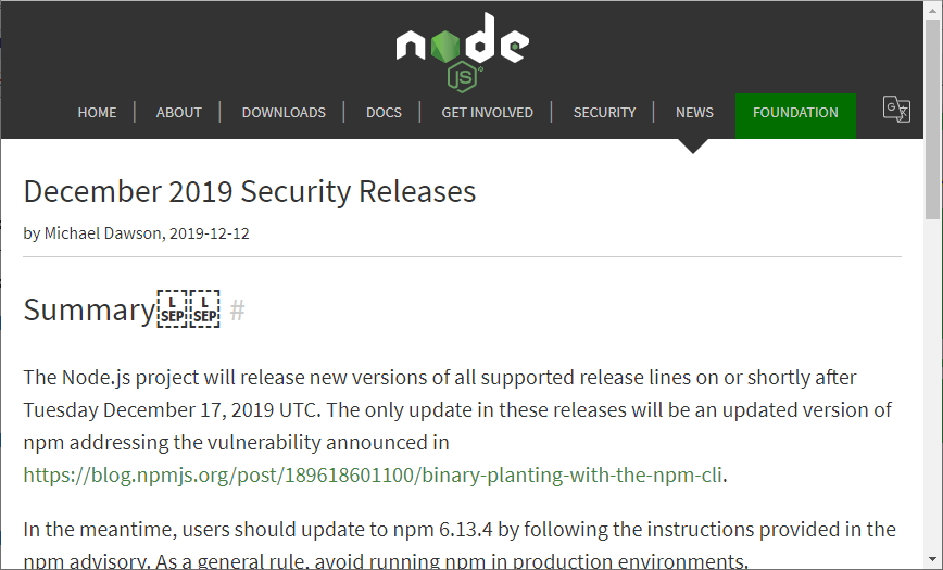 「Node.js」に「npm」由来の脆弱性、修正版のリリースを予告