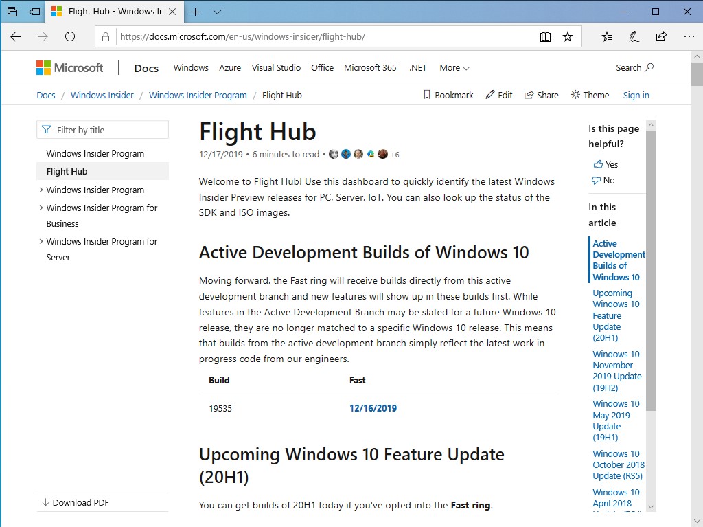 “Windows Insider Program”の配信状況をまとめた“Flight Hub”。“Fast”リングはアクティブな開発ブランチから直接ビルドを受信するように