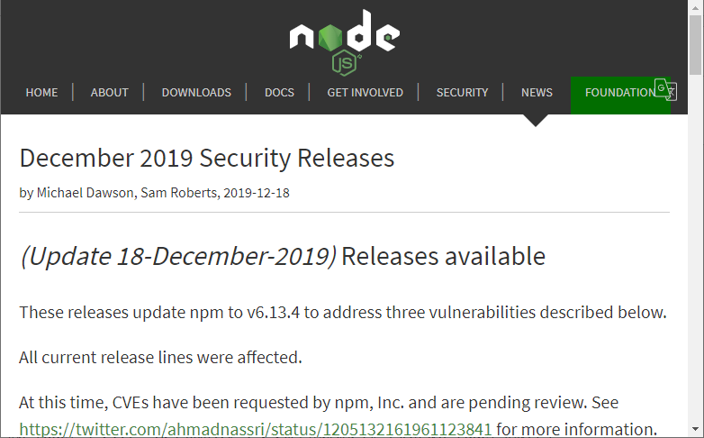 「npm」由来の脆弱性を修正した「Node.js」が公開