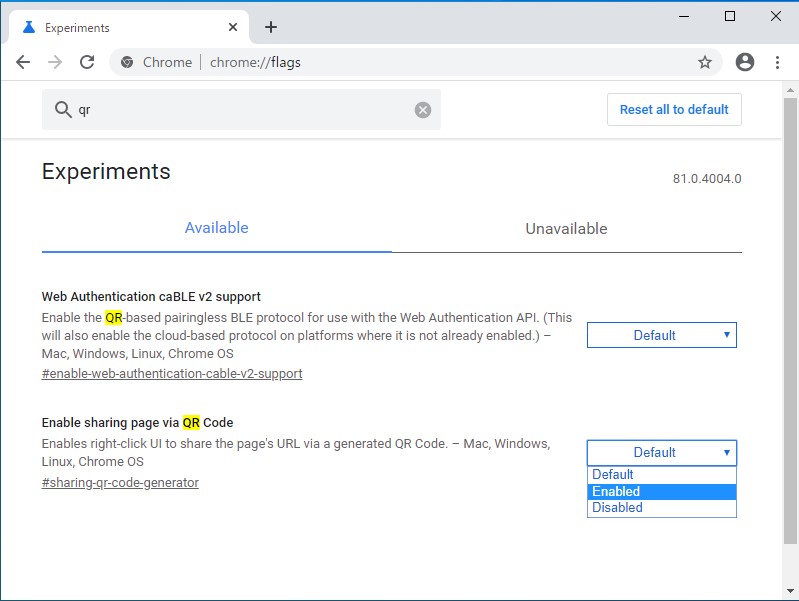 “about:flags”画面でQRコードによるページ共有機能を有効化（「Google Chrome」の場合）