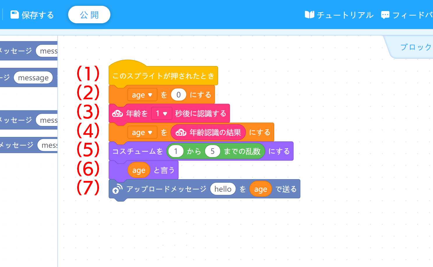 （1）タコがクリックされたら（2）変数“age”にいったん“0”を入れ（3）AIブロックで年齢認識を行う（4）変数“age”に判定結果の数字を入れ（5）タコのポーズをランダムに表示し（6）変数“age”（＝判定結果）をタコのセリフにする（7）“hello”というアップロードメッセージを作りその値を変数“age”にして送る