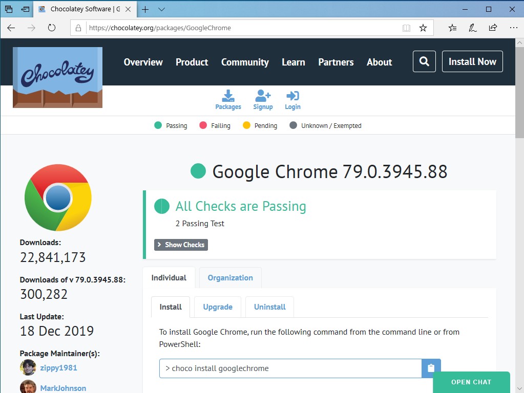 「Chocolatey」の「Google Chrome」アプリパッケージのWebページ。インストールコマンドが掲載されている