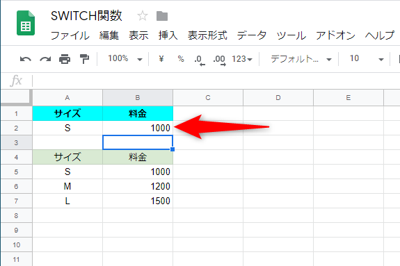 A2に入力された「S」に対応する「1000」と表示された