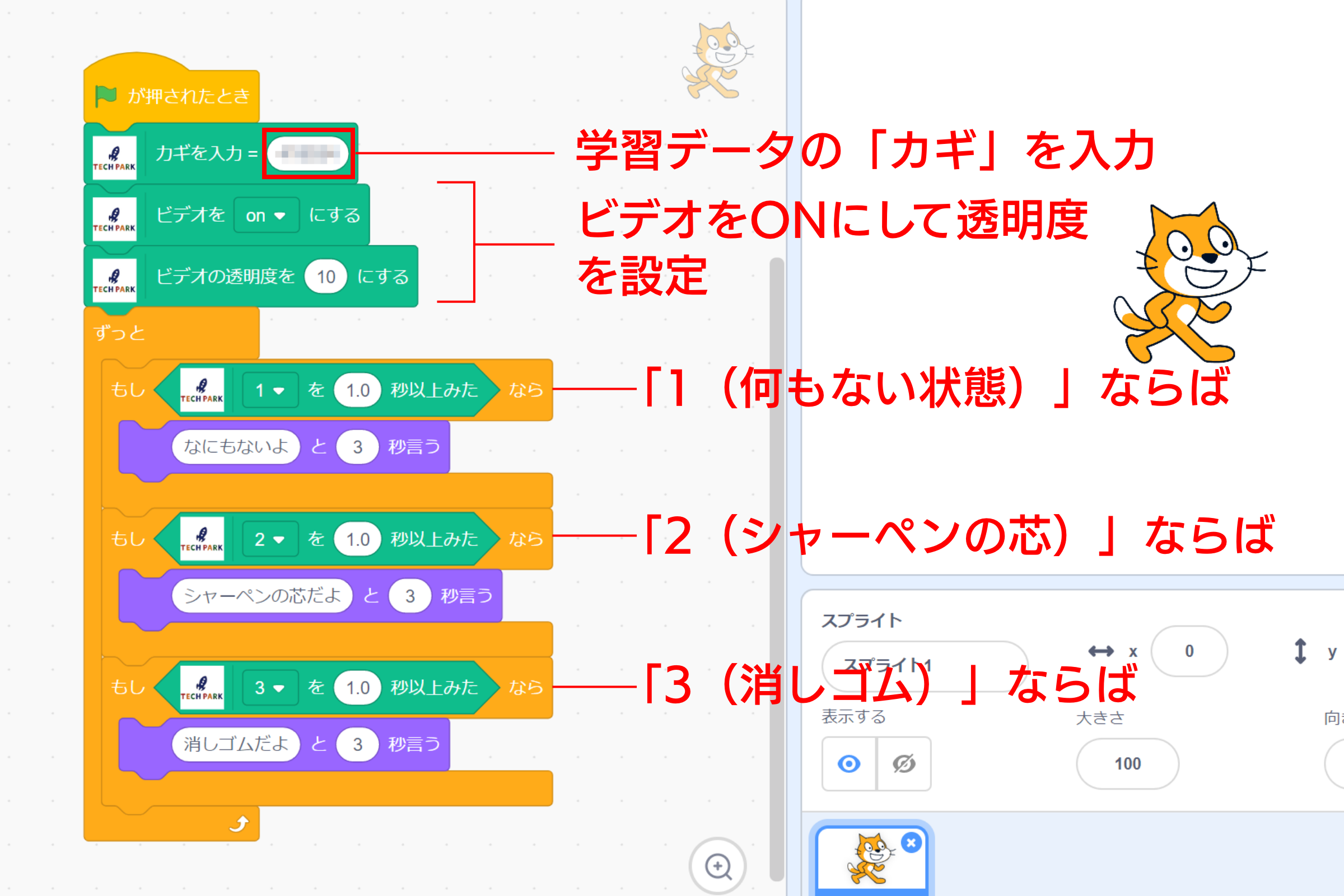「Scratch」のプログラム。画像判定の学習データを呼び出し、ビデオ機能をONにして、カメラに写った像を判定する