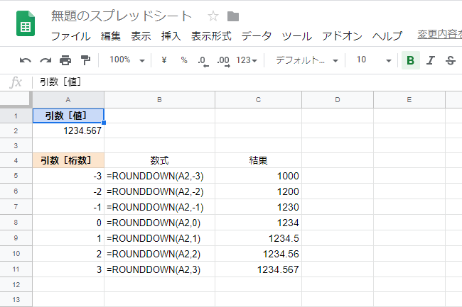 「1234.567」をROUNDDOWN関数で切り捨てた例