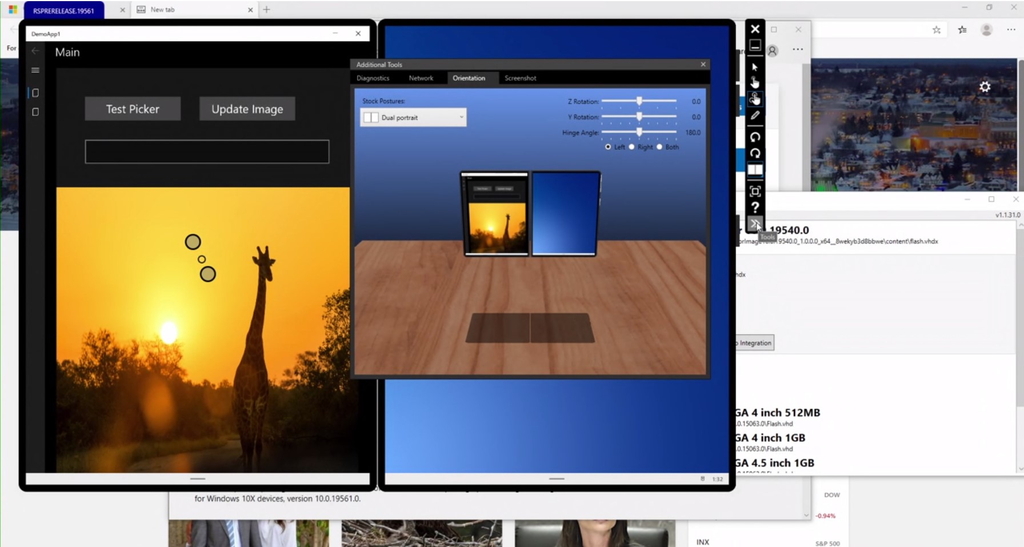タッチ操作やデバイスの開閉・回転などをシミュレートして、「Windows 10X」でのアプリの動作をチェック