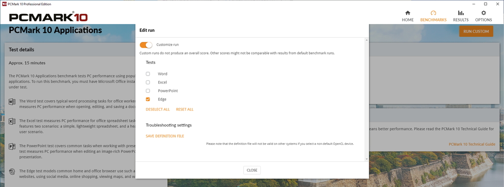 テストを編集して「Microsoft Edge」のベンチマークだけを行ったり、テスト結果を比較できるのは有償の上位版だけ