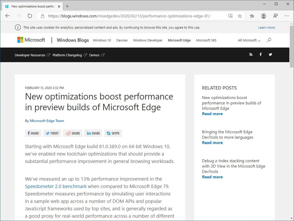 「Microsoft Edge 81」は旧版より最大13％高速 ～Microsoftが“Speedometer 2.0”ベンチマークの結果を公表