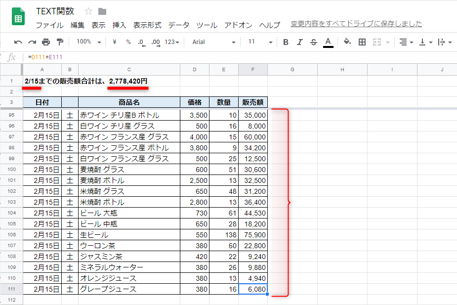 文章中の日付と販売額が更新された