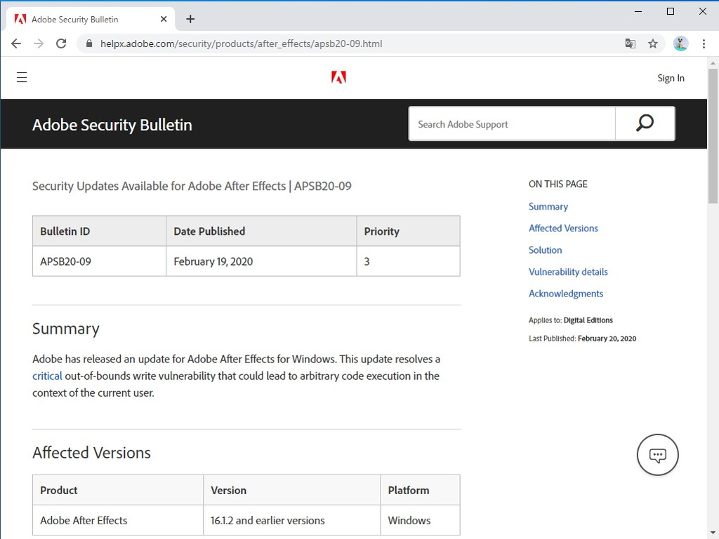 Adobe、定例外のセキュリティ情報を発行（APSB20-09）