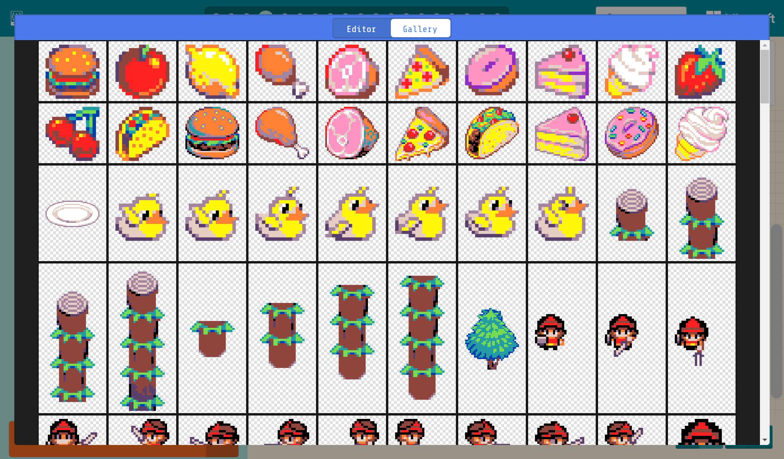 かわいらしいドット絵がたくさん用意されている。［Editor］もあるので自分でキャラクターを描いたりアレンジしたりすることもできる