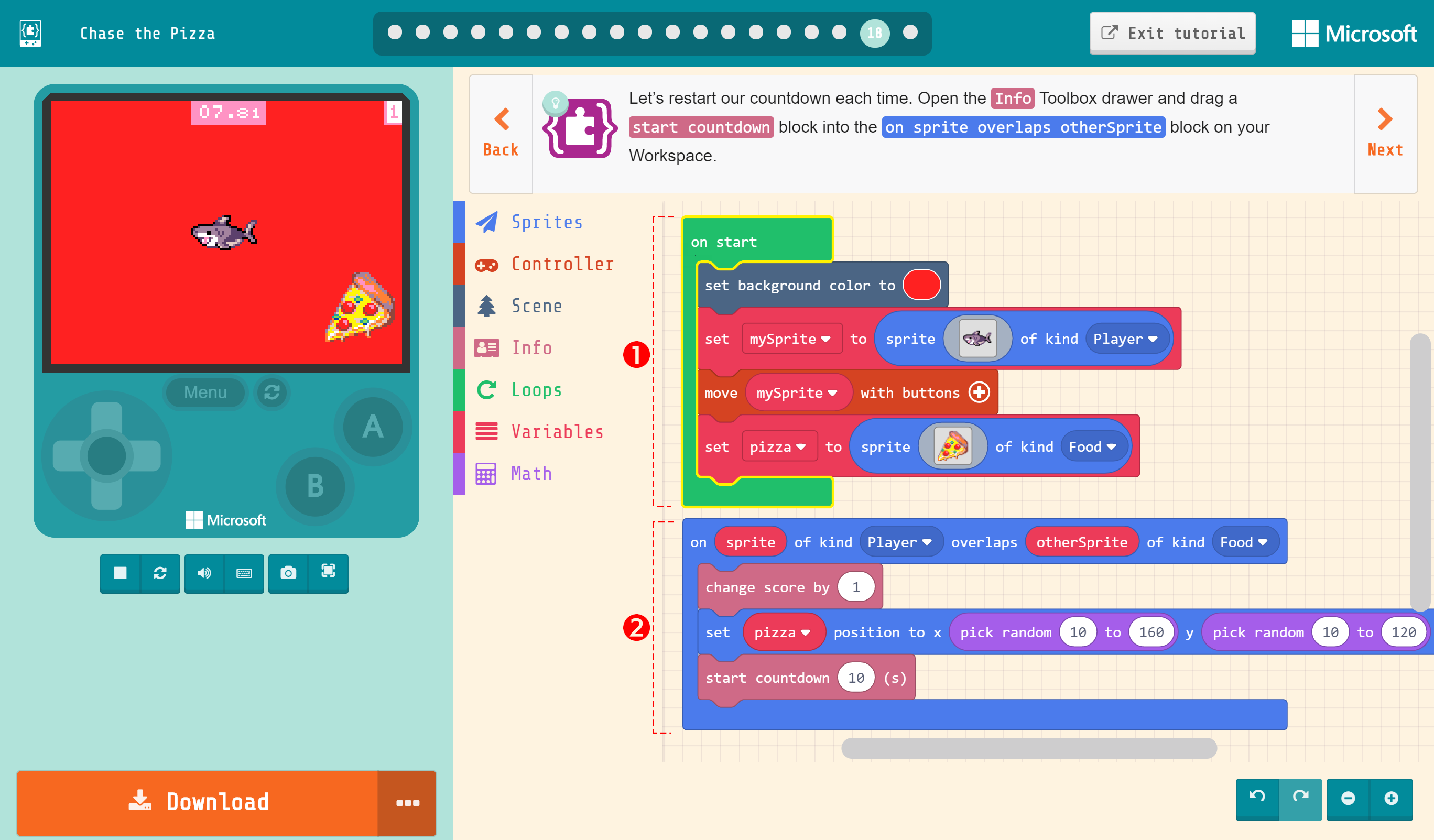 ①ゲームスタート時のプログラム。②プレイヤーと食べ物が重なった時のプログラム。ゲーム開始時にプレイヤーと食べ物が同じ場所に出現するので、スタート直後に②が実行され最初のカウントダウンが始まる