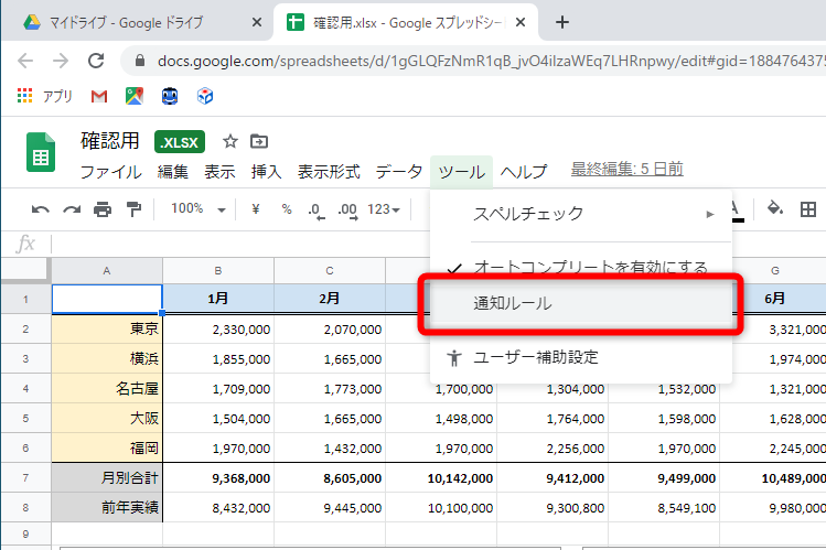 ［ツール］－［通知ルール］の順にクリックする