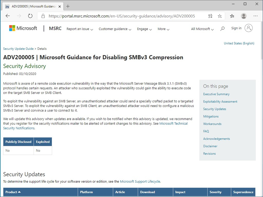 Microsoft、セキュリティアドバイザリ“ADV200005”を公開