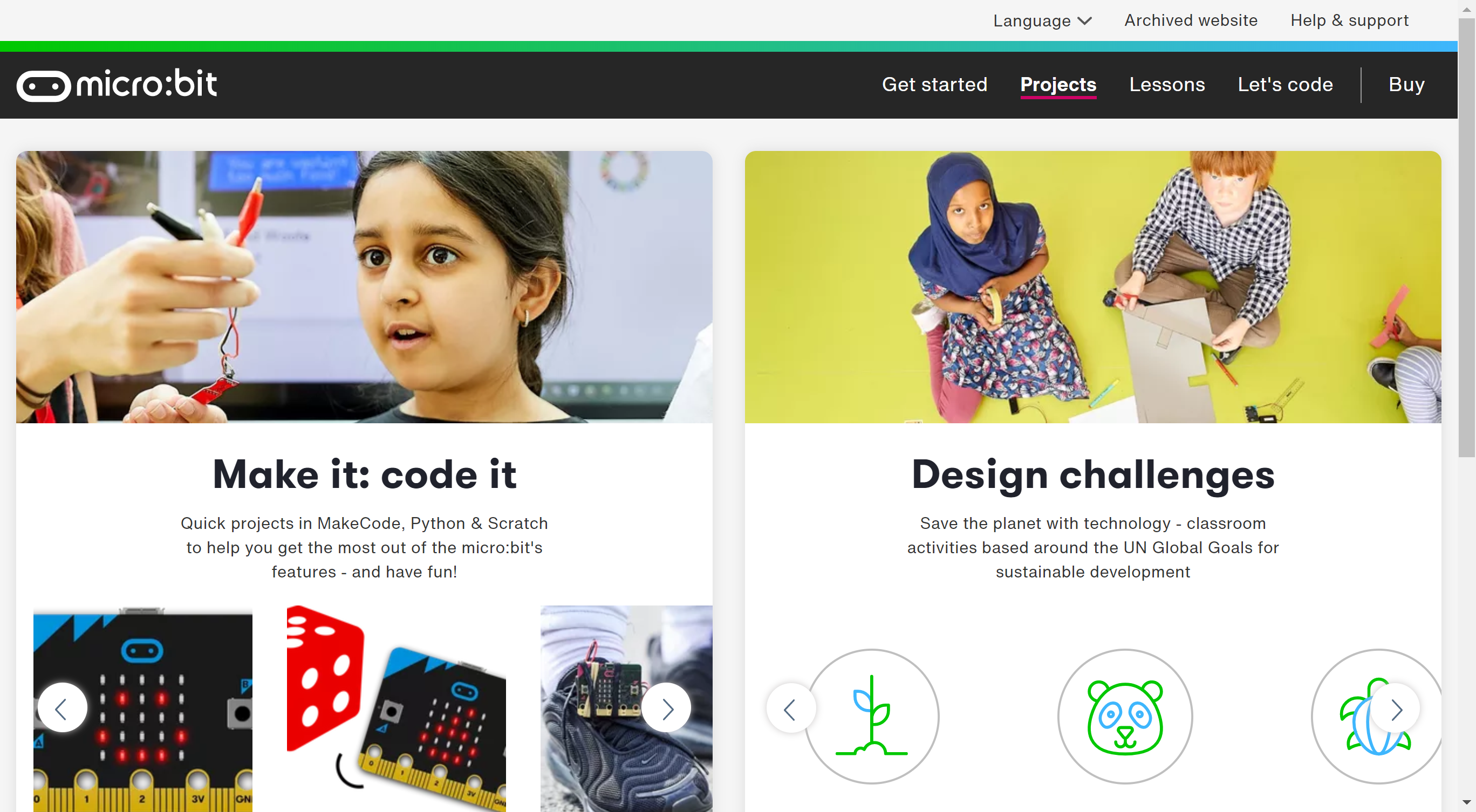 「micro:bit」公式ウェブサイトの“Projects”コーナー