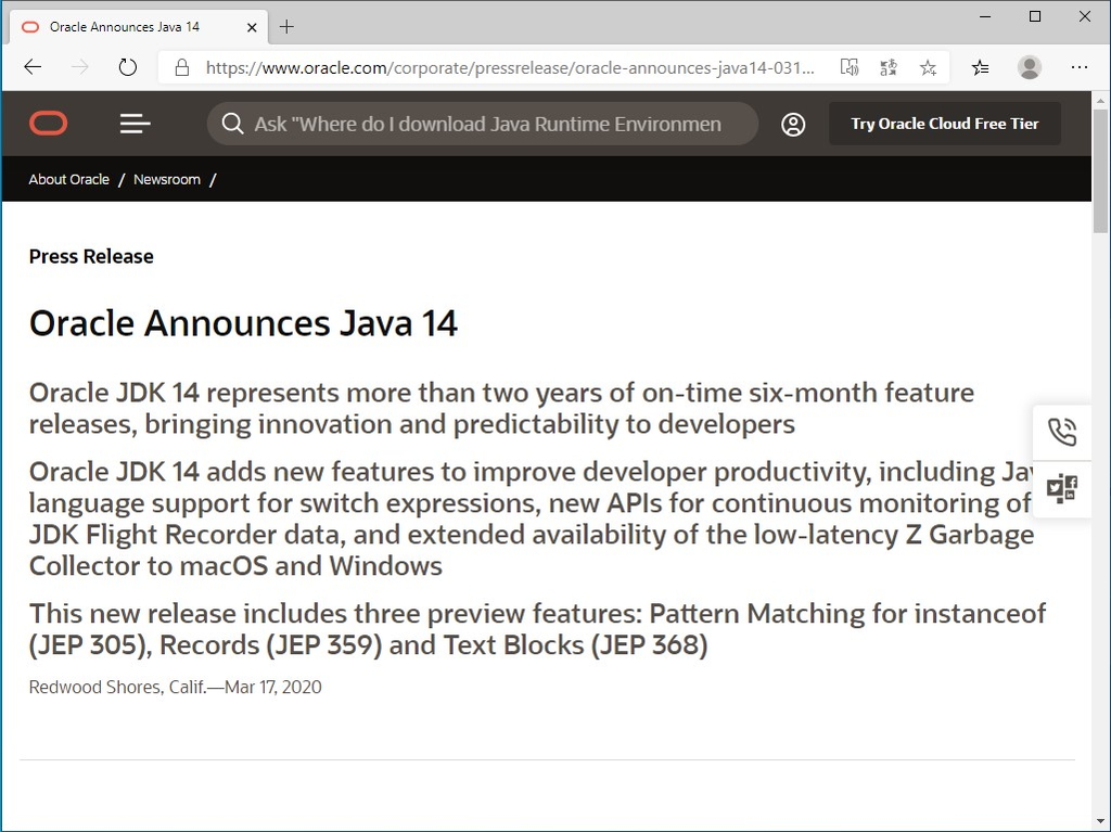 Oracle、「Java 14」を発表