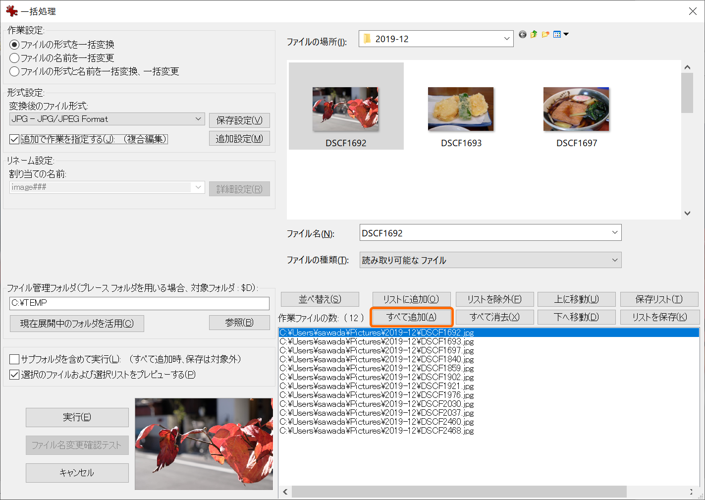 一括処理のダイアログボックスを表示したら、［すべて追加］をクリックして画像を下のペインに登録する
