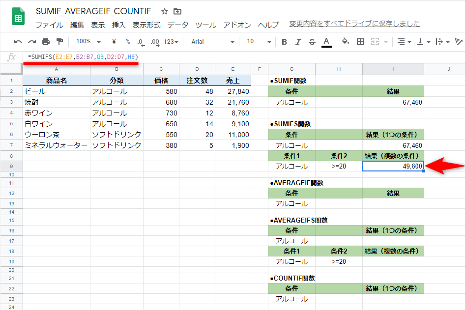 追加する条件範囲と条件を追記すると考える。I9に「=SUMIFS(E2:E7,B2:B7,G9,D2:D7,H9)」と入力した