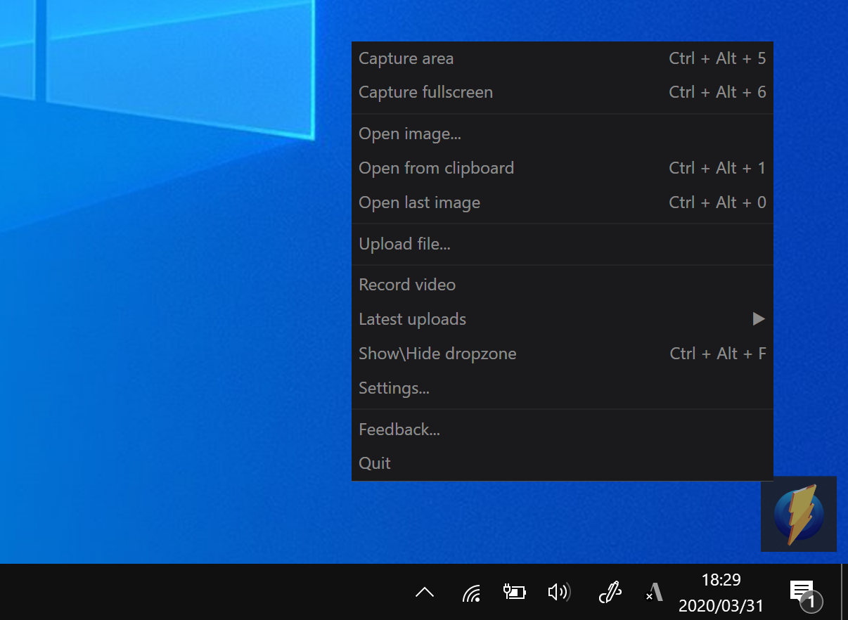 デスクトップ右下に表示されるアイコンをクリックすると、メニューが表示される。アイコンを消したいときは［Show/Hide dropzone］をクリックしよう