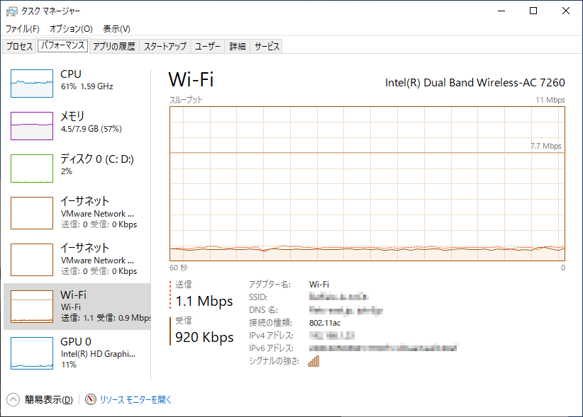 「Hangouts Meet」を“高解像度（720p）”＋音声で使用中のタスクマネージャーでの測定結果