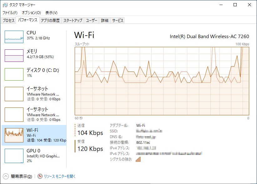 「Microsoft Teams」を音声のみで使用中のタスクマネージャーでの測定結果