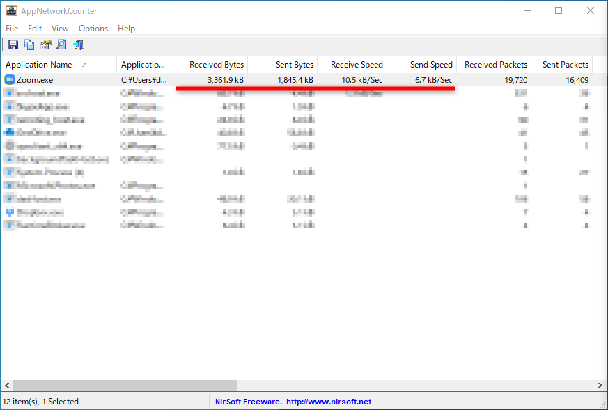 音声のみの測定結果（左：「AppNetworkCounter」、右：タスクマネージャー）。通信量は44～56MB（1時間あたりの換算値）、通信速度は5～13KB/s（送受信の概算値）