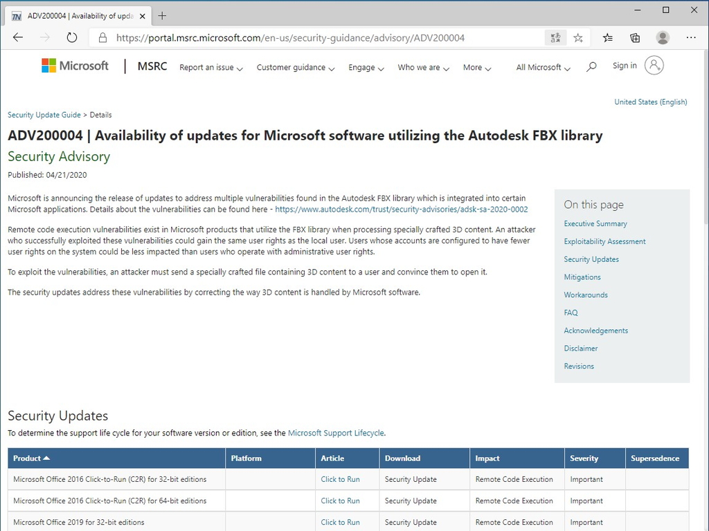 Microsoftが公開したセキュリティアドバイザリ